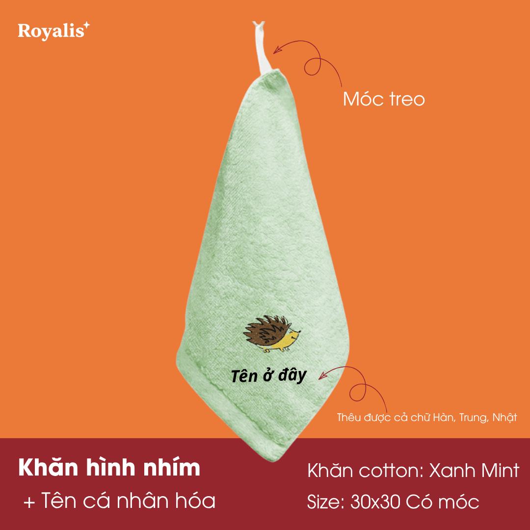 Khăn mặt 30x50 hình động vật + thêu tên